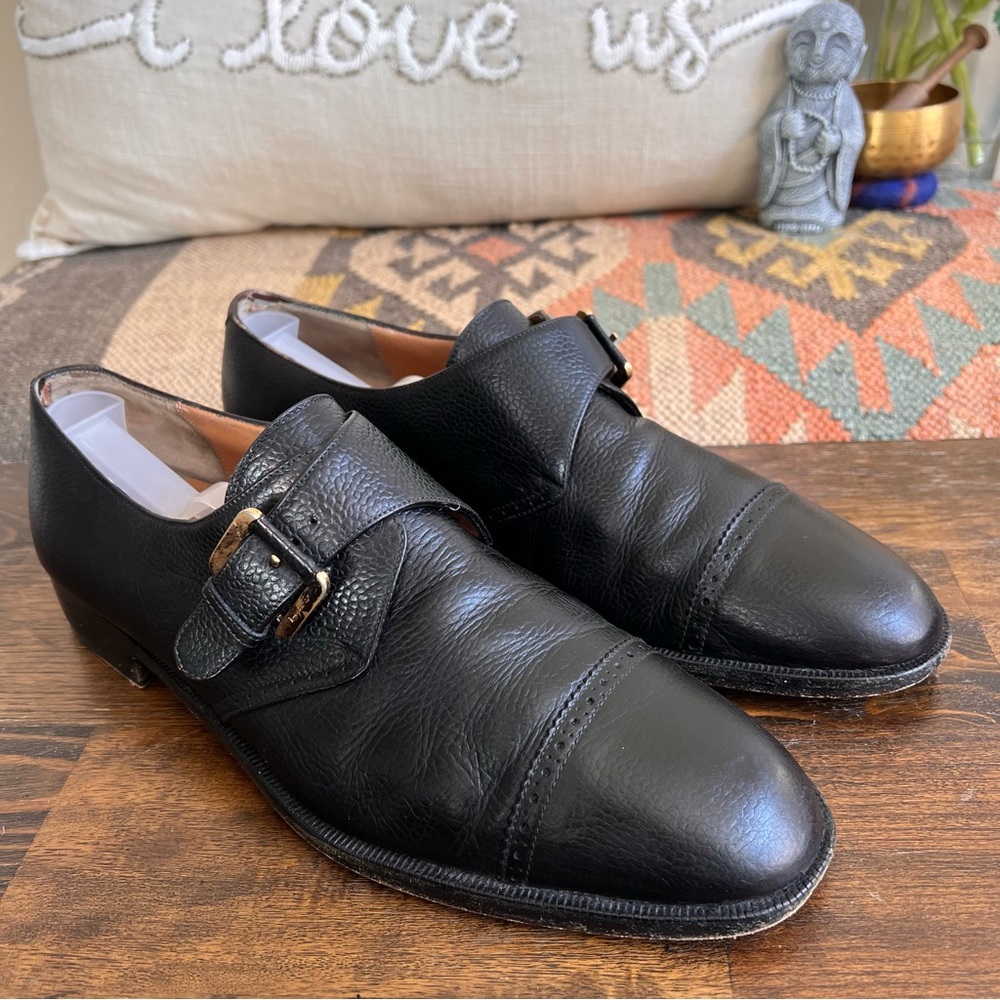 Salvatore Ferragamo Single Monk Strap Cap Toe Black Calf Leather Shoes US11 D
